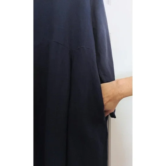 LINTICO Navy Blue Linen Pleated Midi Dress XXL 3/4 Sleeve Pockets Lagenlook - Picture 4 of 7